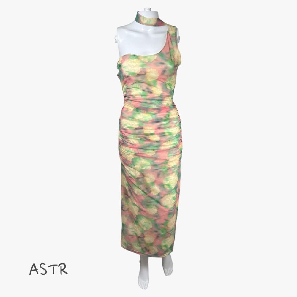 ASTR Women's Asymmetric Neck Ruched Midi Dress in Pastel Abstract Print Size M